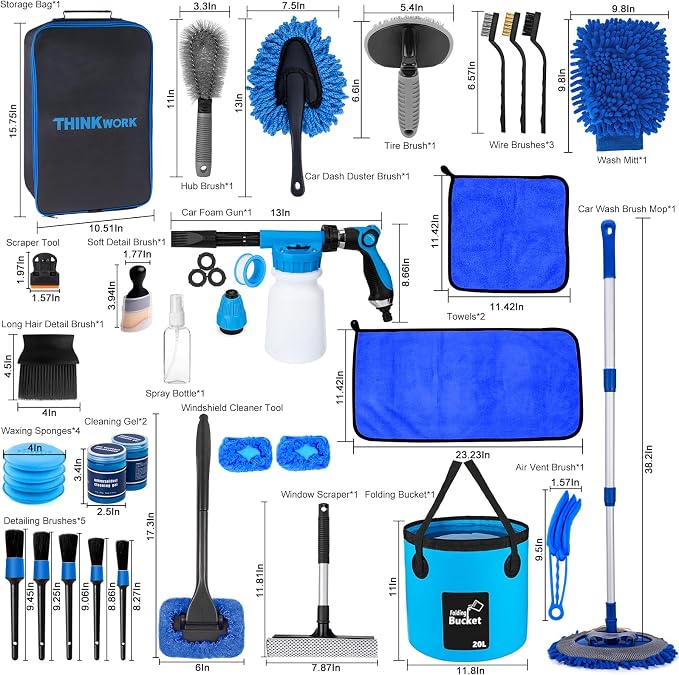 THINKWORK Car Wash Kit with Foam Gun, Complete Car Detailing Kit 40 PCS | Deep Efficient Interior & Exterior Cleaning, Extendable Mop & Bucket, Soft Microfiber Brushes Set, Tire & Wheel Brush, Gift