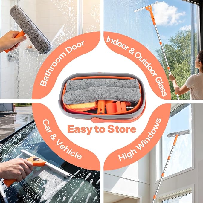 Professional Window Cleaning Kit with Collapsible Bucket for Home, Outdoor | 61" Long Handle Window Squeegee, Microfiber Scrubber, 3 Gal Bucket, High Window Washing Kit, Window Cleaner Tool, Commercial