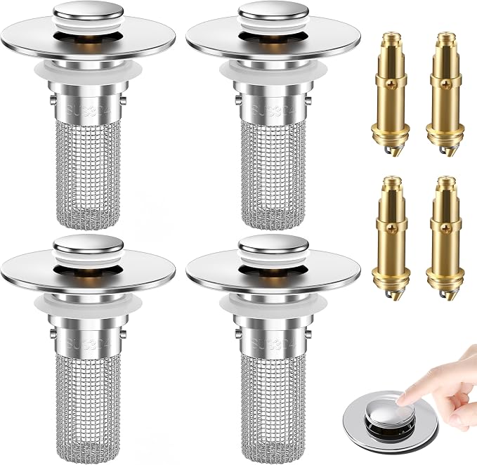 Bathroom Sink Drain Strainer, Pop-Up Bathroom Sink Stopper with Removable Stainless Steel Hair Catcher Basket, Universal Fit for US Bathroom Sinks, Showers & Floor Drains (4pcs)