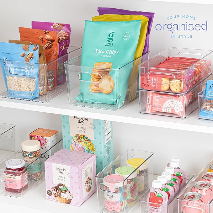 Plastic Food Storage 4 Pack Clear Container Bin with Handles for Organizing Kitchen, Pantry, Refrigerator, Freezer, Pantry, Cabinet, Closet, Bathroom. Stackable 10”x6”x3”