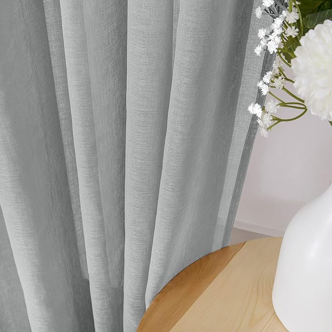 Tollpiz Sheer Curtains Living Room Linen Textured Curtain Sheers Light Filtering Voile Rod Pocket Curtains for Bedroom, 38 x 63 inches Long, Silver Grey, Set of 2 Panels