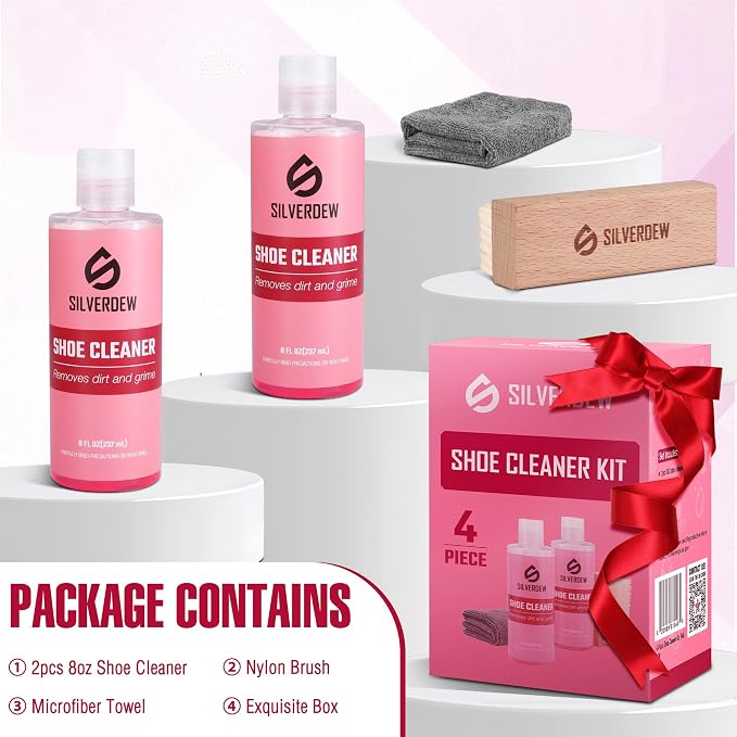 4PCS Shoe Cleaning Kit, Pink | 16oz Sneaker Cleaner, Nylon Brushes, Microfiber Towel, For Leather, Canvas, Mesh, Rubber & Synthetic Materials