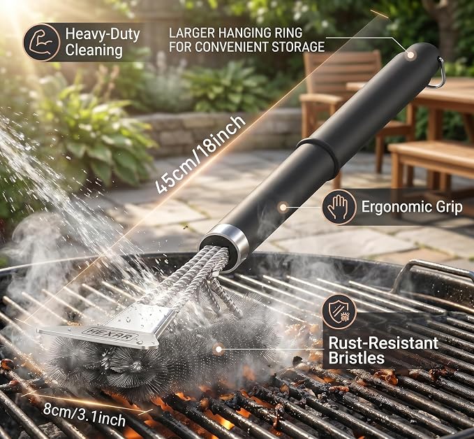HEXAR® Grill Brush – BBQ Cleaning Scraper for Outdoor, Weber Cleaner Kit Grilling Tools, Barbecue Metal Rescue Brushes, Scrubber Stainless Steel Bristles, Charcoal Accessory Barbecue Accessories