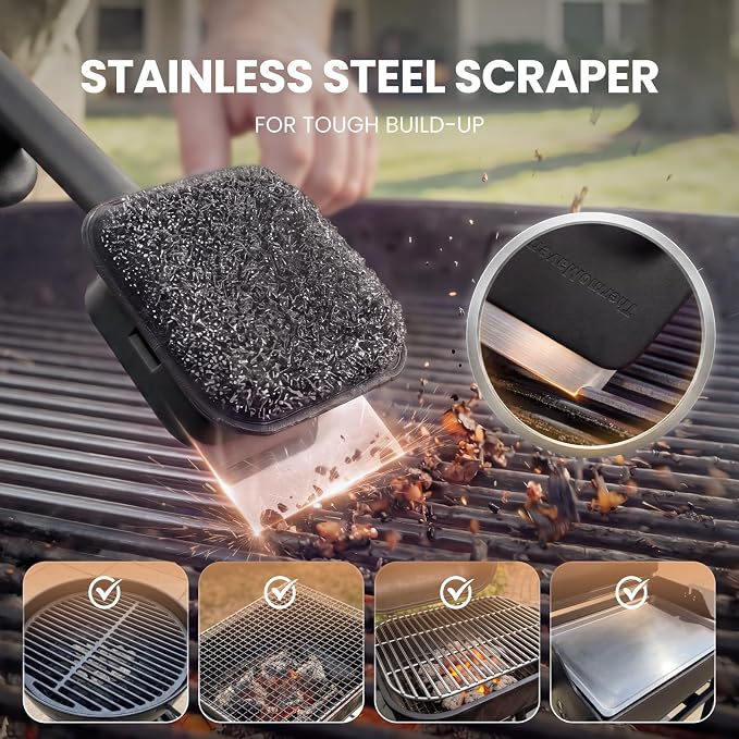 ThermoMaven Bristle-Free BBQ Grill Brush - No Wire Risk Steam Cleaner Removes Burnt Grease Fast - 17" Cool-Touch Handle, Scraper & 3 Replaceable Heads for Gas, Charcoal & Cast Iron