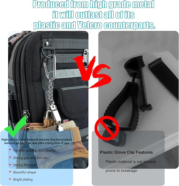 KUNN Glove Clip Stainless Steel Carabiner with Double-End Alligator Clip for Work Gloves, Glove Holder for Wall Mount