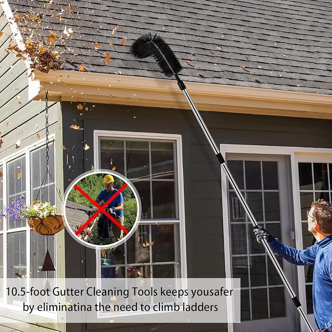 10.5FT Gutter Cleaning Tools from the Ground, Adjustable Long Handle Gutter Cleaner Include 8 Stainless Steel Telescoping Poles & 2 Gutter Cleaning Brush Easily Remove Leaves and Debris from Gutters
