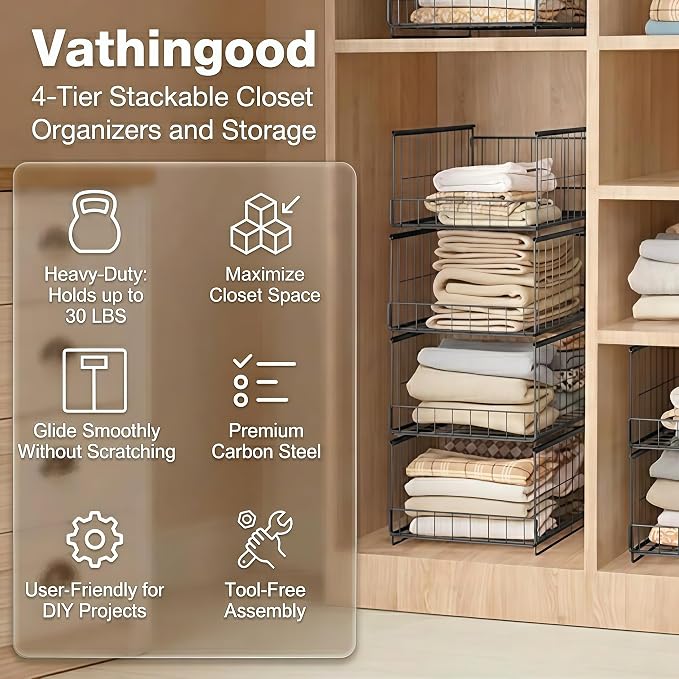 4-Tier Stackable Closet Organizer and Storage Shelves, Foldable Closet Shelf Organizer Storage Bins Closet Storage Organizer for Wardrobe Sweaters Accessories Bedroom Dorm RV Storage(Black)