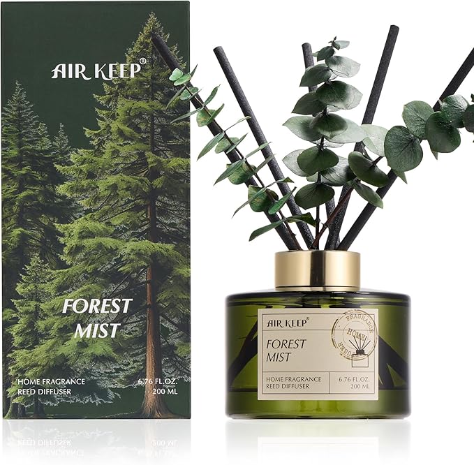 Reed Diffuser Set with 6.76 fl oz Forest Mist Scent Essential Oils and 3 Leaves & 8 Diffuser Sticks,Bathroom Shelf Decor & Air Freshener, House Bedroom Office Decor & Gifts