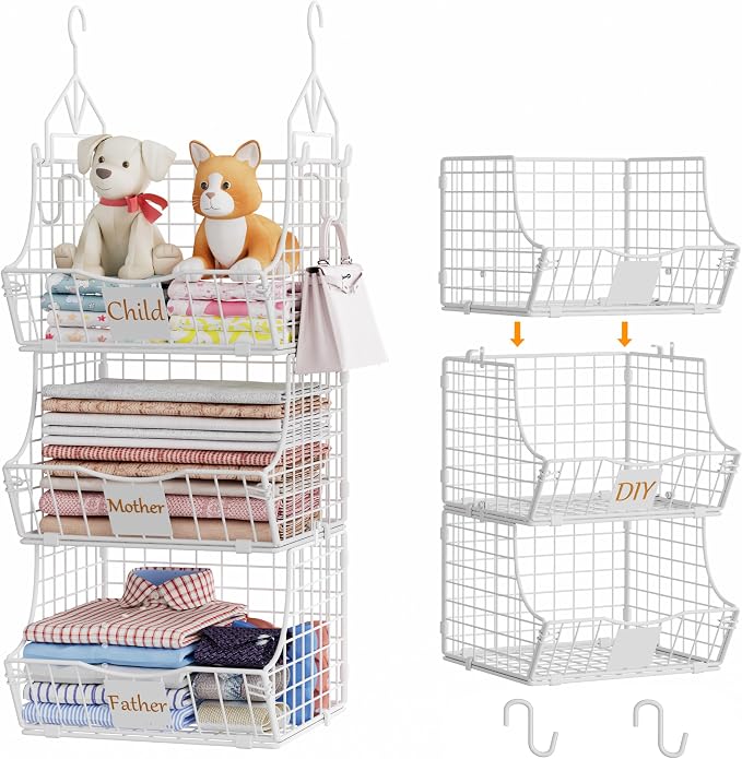 Hanging Closet Organizers and Storage, 6 Tier Closet Shelf Clothes Organizer with 2 S-Hooks, Multi-Functional Iron Wire Baskets, for Clothing, Sweaters, Handbags, Hat, Canned