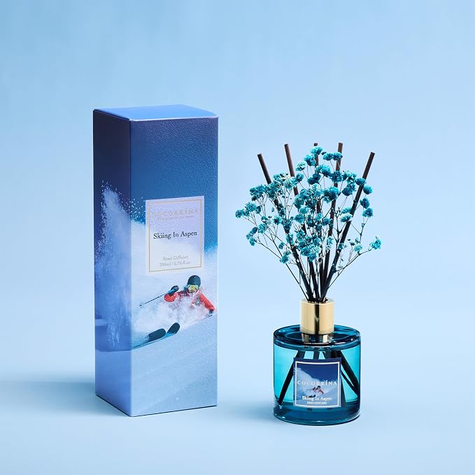 Reed Diffuser - Skiing in Aspen Reed Diffuser Set with 8 Sticks & Preserved Baby's Breath, Reed Diffuser for Home Bathroom Shelf Decor