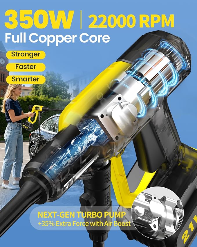 Cordless Portable Washer, Battery Operated Handheld Washer with 21V Battery & Charger, 990 PSI, 6-in-1 Nozzle, Foam Pot, 23FT Hose, Car Washer for Home Garden Patio Driveway (IgnitedYellow-Black)