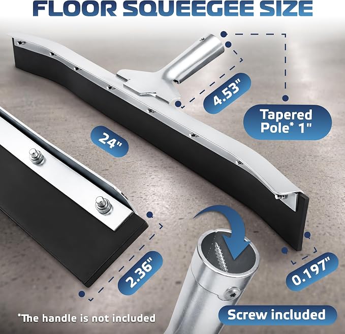 Curved Floor Squeegee 24’’, Rubber Blade Garage Squeegee, Taper Pole Connection - Handle Sold Separately for Tiles, Concrete and Asphalt