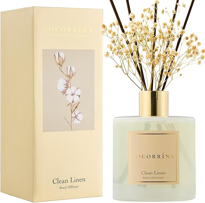 Reed Diffuser - Clean Linen 17 Fl.oz Reed Diffuser with 8 Sticks Scented Diffuser with Preserved Flowers for Bathroom Home Decor