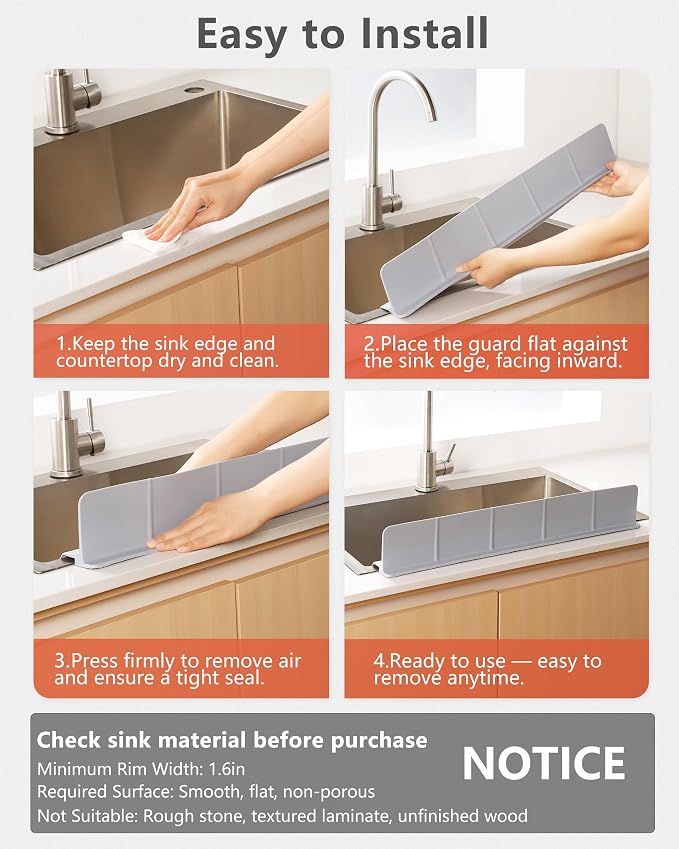 Kitchen Sink Splash Guard 23" 18" 30" Self-Draining Silicone Water Guard with High Splash Wall & Strong Suction Cups for Faucet, Countertop & Sink Edge, Keeps Sinks Dry, Dishwasher Safe, Gray
