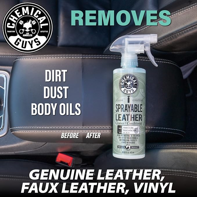 Chemical Guys SPI_103 Sprayable Leather Cleaner and Conditioner in One for Interiors, Apparel, and More (Works on Natural, Synthetic, Pleather, Faux Leather and More) Leather Scent, 128 fl oz (1 Gal) | One-step spray cleans and nourishes leather, vinyl...