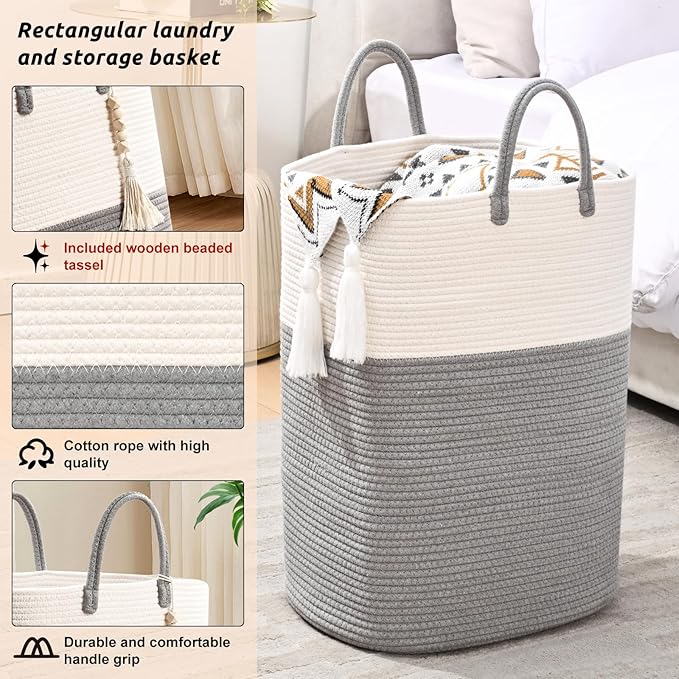 Woven Laundry Basket for Clothes, 50L Large Rectangle Laundry Hampers with Beads Tassel, Nursery Storage Basket for Toys, Tall Dirty Clothes Hamper for Bedroom Aesthetic, Laundry Room Organization