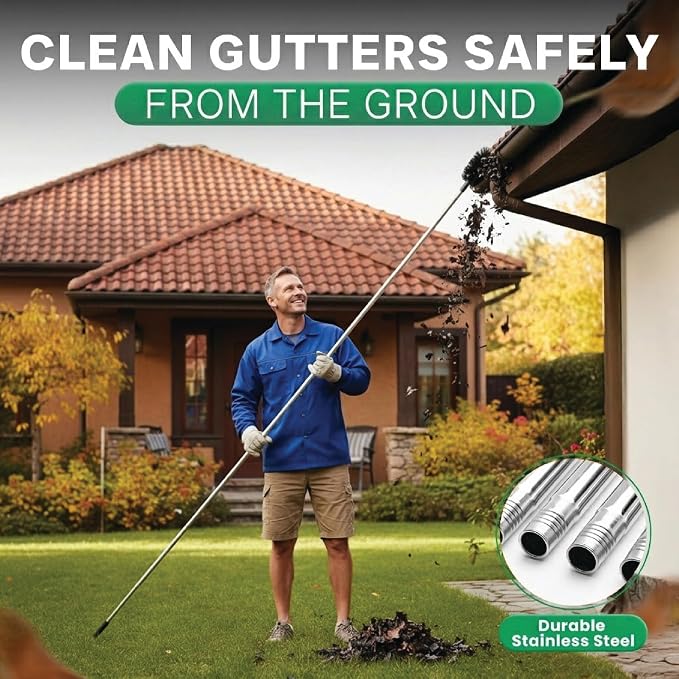 Premium 10.5 ft Gutter Cleaning Tools From The Ground Adjustable Gutter Cleaning with Pole No Ladder Needed Long Reach with Replaceable Brush Removal Leaves Trash From Roof Gutters
