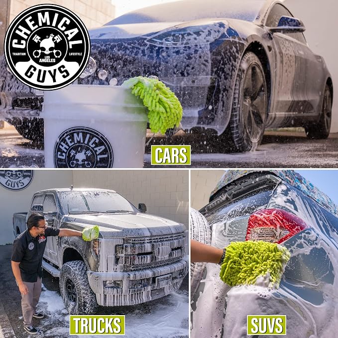 Chemical Guys, Chenille Microfiber Wash Mitt for Cars, Scratch-Free, 2 Pack | Ultra-soft lime green chenille holds thick suds and traps grit, gentle on paint, glass and chrome, machine washable
