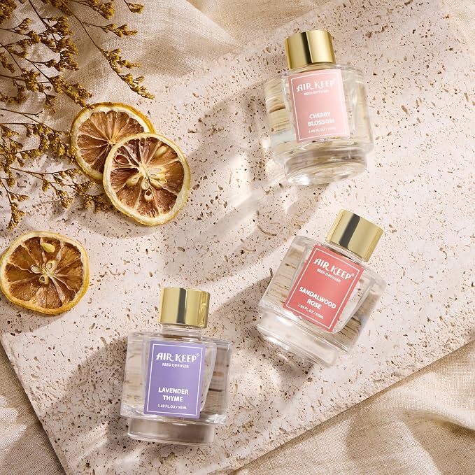 Reed Diffuser Set of 3, Lavender Thyme Sandalwood Rose Cherry Blossom Oil Reed Diffusers for Bedroom Living Room Office Aromatherapy Oil Reed Diffuser for Gift 50ml x 3