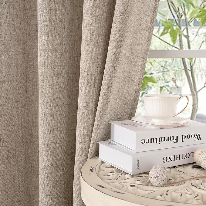 YoungsTex Dark Oatmeal Linen Curtains 102 Inch Length for Living Room, Long Semi Sheer Drapes with Rod Pocket Back Tab Light Filtering for Office Dining Bedroom, 2 Panels, 52 X 102 Inch