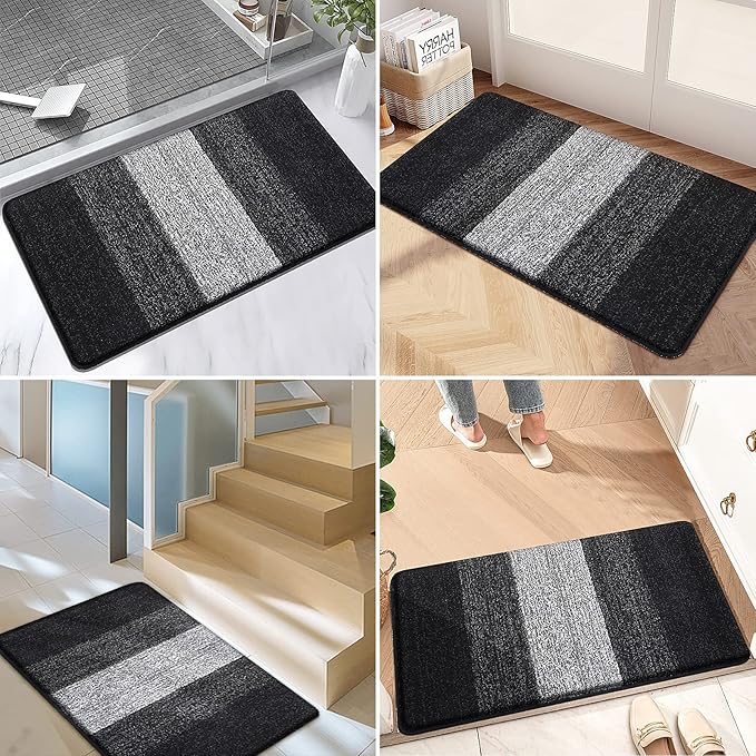 Kitinjoy Indoor Outdoor Door Mat, 32x20 Non-Slip Absorbent Dirt Trapper, Low-Profile Washable Inside Entrance Front Floor Mat, Sturdy Soft Entry Doormats for Entryway, Black