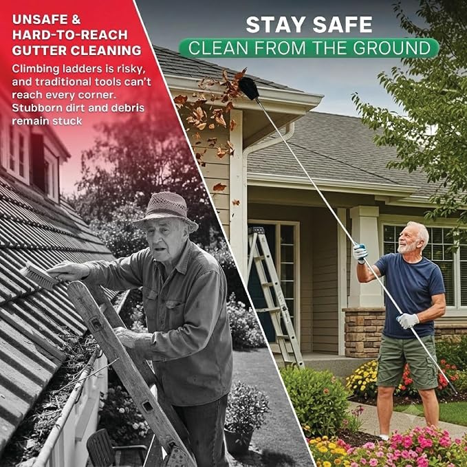 Premium 10.5 ft Gutter Cleaning Tools From The Ground Adjustable Gutter Cleaning with Pole No Ladder Needed Long Reach with Replaceable Brush Removal Leaves Trash From Roof Gutters