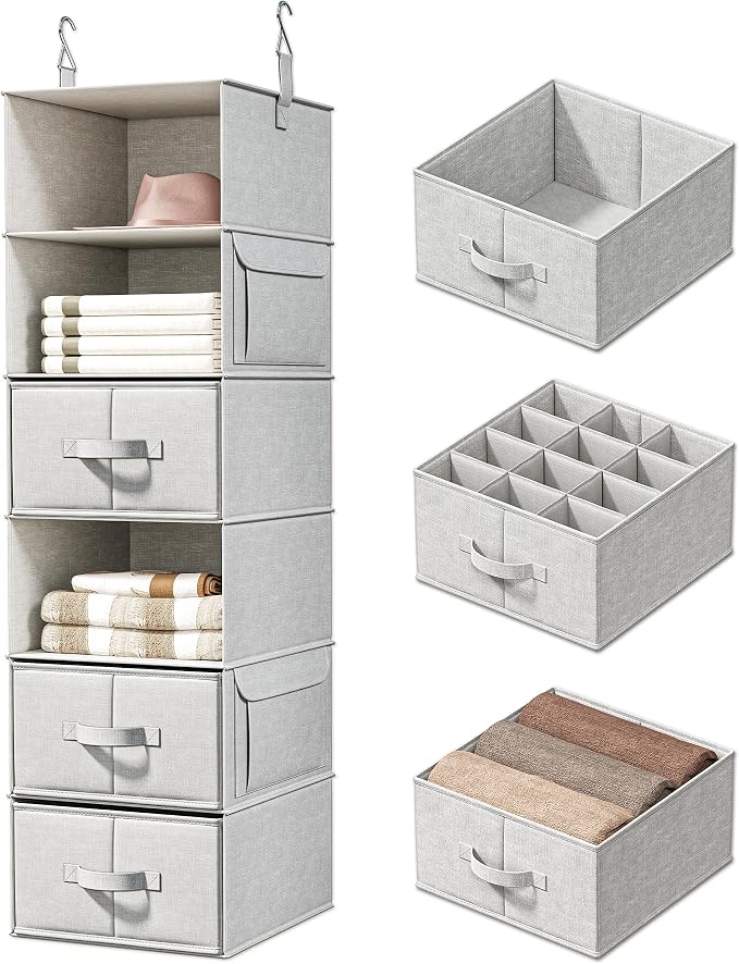 6-Shelf Hanging Closet Organizer with 3 Fabric Drawers, Silver Gray | Removable Fabric Drawers, Side Pockets, Reinforced Structure, Space-Saving Storage for Clothes, Nursery and Dorm Rooms