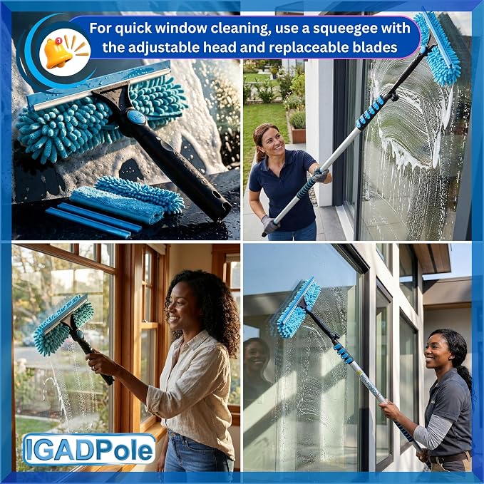 IGADPole 28 FT Water-Fed Washing Kit with Soap-Dispenser, Brush, 10″ Squeegee & Cobweb Duster for Windows, Gutters, Solar Panels & Exterior Walls