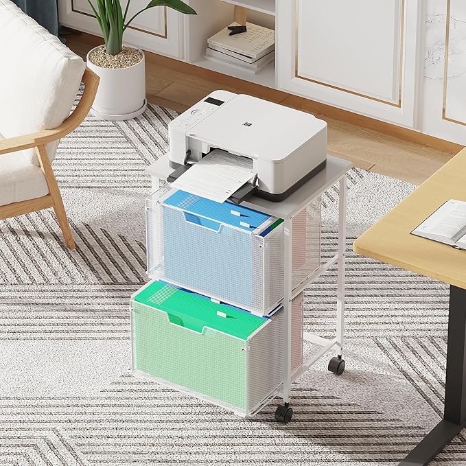 Letter/Legal Rolling File Cabinet, Rolling File Cart with 2 Drawers Filing Cabinet for Home Office, Hanging File Folders Organizer for Under Desk Storage, Mobile Printer Stand, White