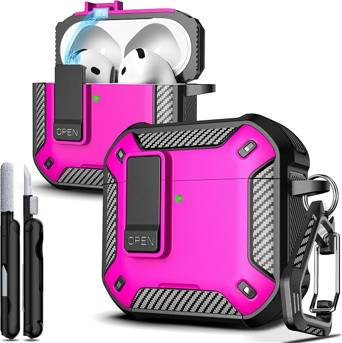 for AirPods 4 Case with Lock Magnetic Lid MagSafe, Rose Red | Compatible with Apple AirPods 4th Generation Protective Case with Cleaner Kit & Carabiner, Powerful Drop Protection