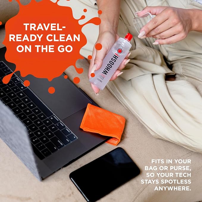 WHOOSH Screen Cleaner and Wipe Kit Duo XL, 3.4 + 1 fl oz | Large and Travel Size Bottles, Non Toxic and Odorless, For iPad, MacBook and Car Screens, 2 Microfiber Cloths