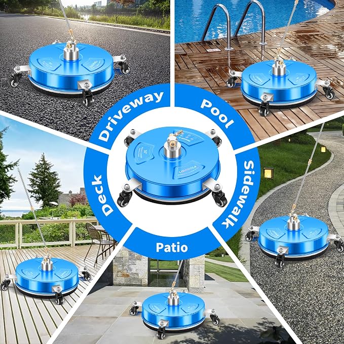 LidoDola 14'' Pressure Washer Surface Cleaner Blue, Power Washer Accessory | Stainless Steel Housing with 4 Wheels, 1/4" QC, 2 Extension Wands & 2 Replacement Nozzles, for Gas & Electric Pressure Washer
