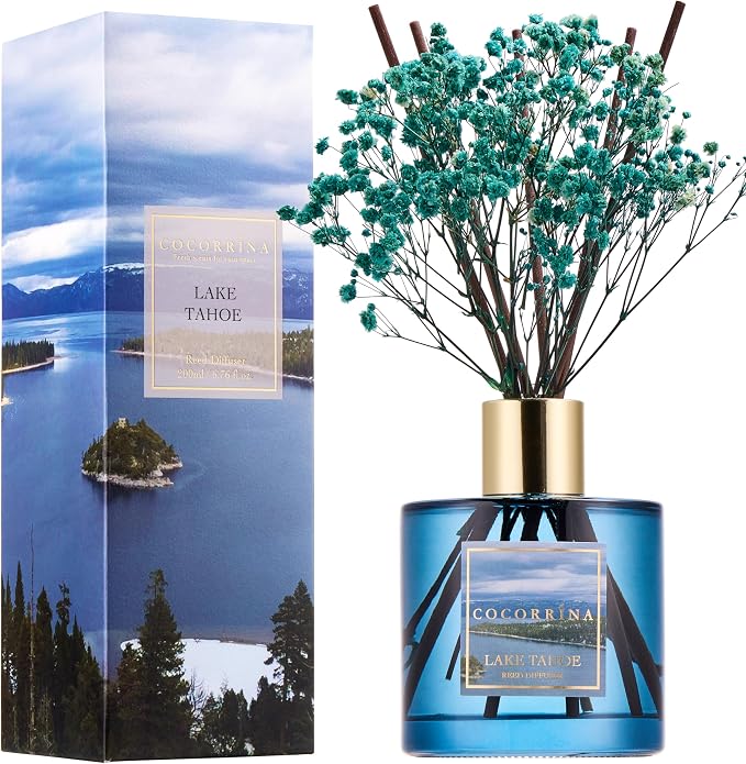 Reed Diffuser - Lake Tahoe 6.7 Fl.oz Reed Diffuser Set with 8 Sticks & Preserved Baby's Breath, Reed Diffuser for Home Bathroom Shelf Decor