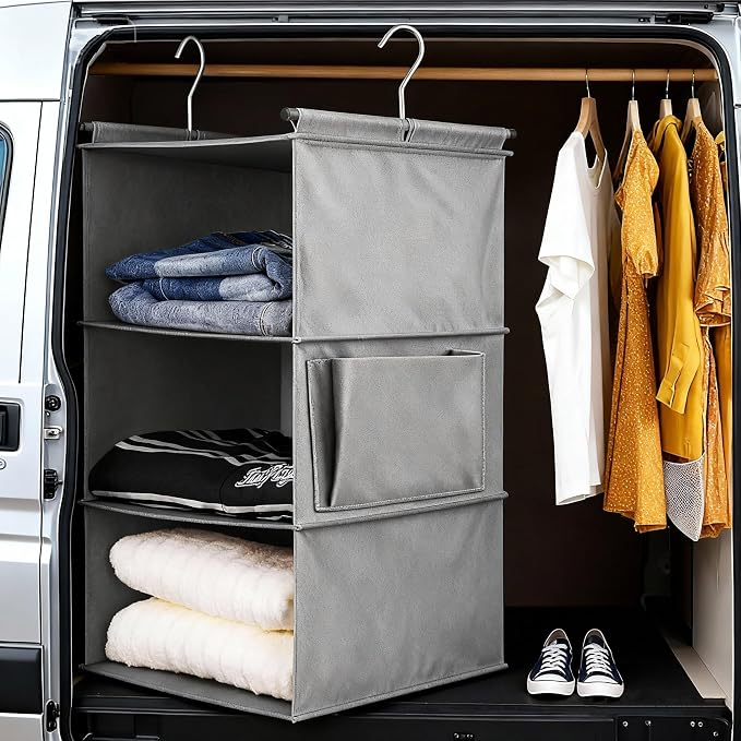 Hanging Closet Organizer, Foldable Shelves, Grey (3) | 3-tier hanging shelves for closets. Foldable, lightweight fabric holds clothes & shoes. Fits dorms, RVs, apartments. Grey