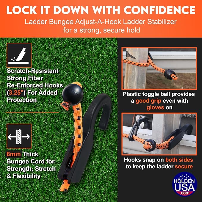 Holden USA - Adjust-A-Hook Ladder Bungee - Ladder Stabilizer Hook – Secure Ladder Safety Support for Roofs, Gutters, and Painting Prep – Durable Ladder Hook Attachment for Roofing and Gutter Work