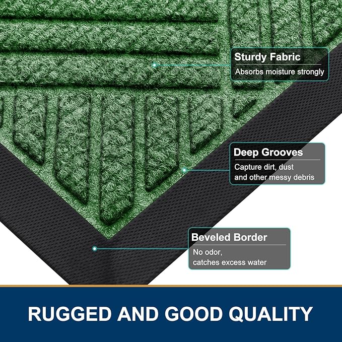 Smiry Front Door Mat Outside Entrance, Heavy Duty Outdoor Indoor Natural Rubber Doormat, Non Slip, Trap Dirt and Moisture, Easy Clean, Low Profile Patio Porch Entryway Mat, 47x32, Green