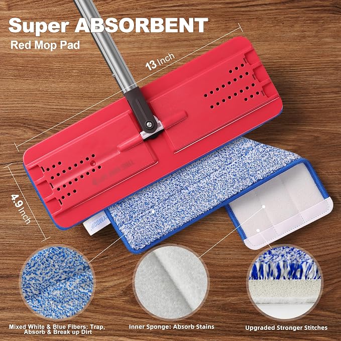JOYMOOP Flat Mop Replacement Set, Microfiber Cleaning Tool with 60" Handle and Flexible 13" Head, Black & Red, for Floor and Wall Cleaning