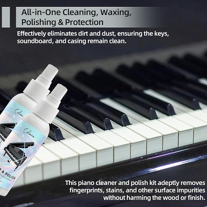 Calvana (2-Pack) 2-in-1 Piano Cleaner and Polish Kit, Includes 12x12 Microfiber Cleaning Cloth, Piano Accessories for Most Piano Surfaces, Grand Piano, Digital Piano, Baby Grand Piano, Violin, 4 OZ×2