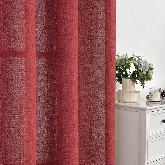 YoungsTex Red Linen Semi Sheer Curtains 84 Inch Length for Living Room 2 Panels Set, Christmas Light Filtering Window Treatments Drapes with Rod Pocket Back Tab for Bedroom Dining, 52 X 84 Inch