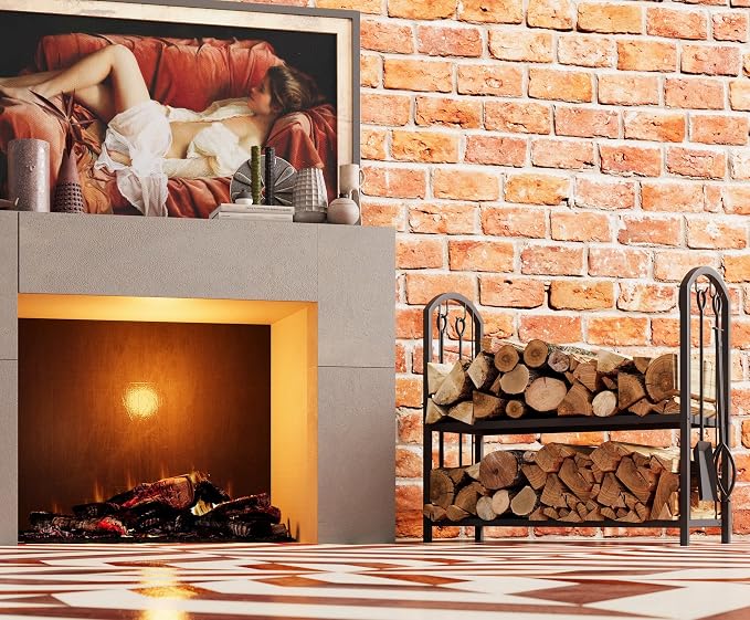 Fire Beauty Fireplace Firewood Log Rack 5-Piece Storage Logs Holder with Tools Set with 4 Tools Set Fireside Holders Wood Lumber Storage Stacking Black