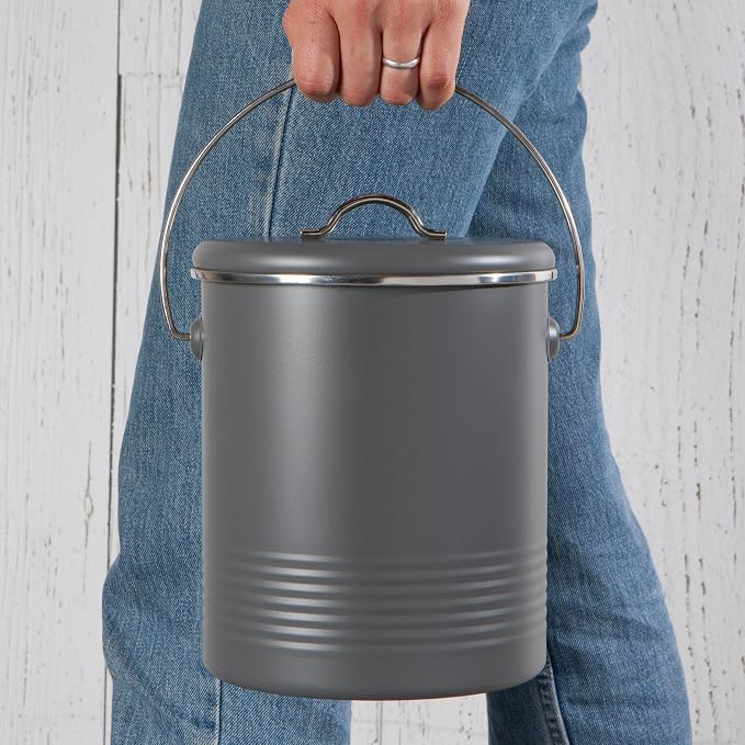 Now Designs Compost Bin Charcoal Powder Coated Steel With Charcoal Filter, 8.5 inches high, 1.25 gallon