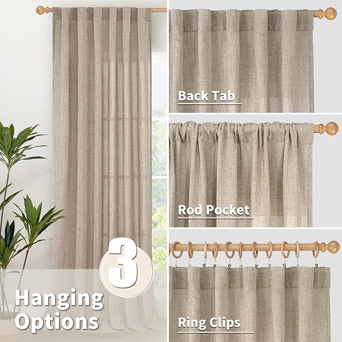 YoungsTex Linen Curtains 84 Inches Long for Living Room Farmhouse, Oatmeal Semi Sheer Drapes Light Filtering Textured Window Treatments with Back Tab Rod Pocket for Bedroom, 2 Panels,52 X 84 Inch