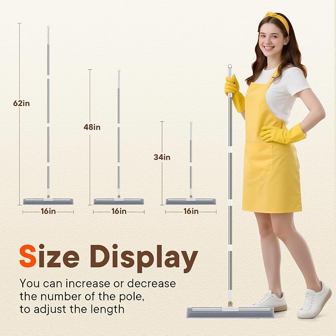 2-in-1 Floor Squeegee Broom, 180-Degree Head, 2 Microfiber Pads | 62-Inch Long Handle for Water Removal and Pet Hair on Tile and Concrete in Bathrooms, Kitchens, Showers, Garages and Patios