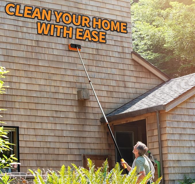 30-Foot Exterior House Cleaning Brush Set with 5-24 ft Extension Pole | Vinyl Siding Brushes with Telescopic Extendable Pole & Window Cleaning Squeegee // The Ultimate Extension Scrub Brush Set