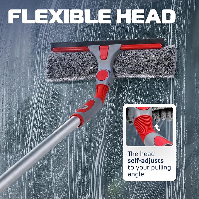 2-in-1 Window Cleaning Squeegee Kit with 60’’ Extension Pole, Rotatable Bendable Head, Microfiber & Chenille Pads, Window Cleaner Tool for Indoor/Outdoor, High Windows, Shower and Car