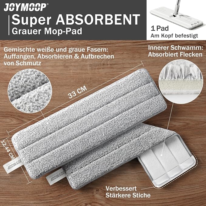 JOYMOOP Flat Mop with Microfiber Pad, 50" Handle and Flexible 13" Head for Floor Cleaning, White