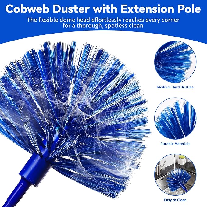 6-in-1 Duster with Extension Pole, 100" Long Reach Cleaning Kit for Home | Cobweb Duster and Microfiber Feather Gap Cleaner, Ideal for High Ceiling Fans, Blinds, Cars, Furniture and High Reach Set
