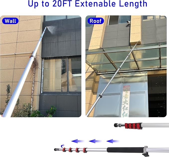 M MINGLE 20 FT Telescoping Pressure Washer Wand, 4000 PSI | High-reach Spray Wand Kit with Gutter Attachment, 5 Nozzle Tips, Couplers and Support Belt, for Roof Edges, Soffits and Walls