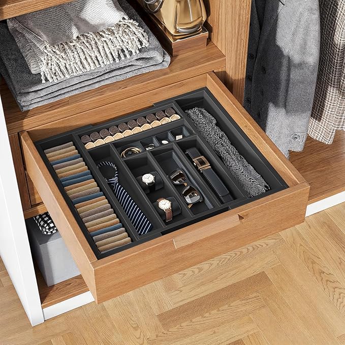 Pipishell Bamboo Expandable Drawer Organizer for Utensils Holder, Adjustable Cutlery Tray, Wood Drawer Dividers Organizer for Silverware, Flatware, Knives in Kitchen, Bedroom, Living Room (Black)