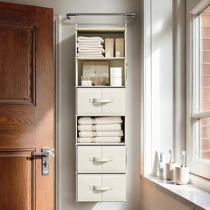 Vailando 6-Shelf Hanging Closet Organizer with 3 Fabric Drawers, Beige | Removable Fabric Drawers, Side Pockets, Reinforced Structure, Space-Saving Storage for Clothes, Nursery and Dorm Rooms